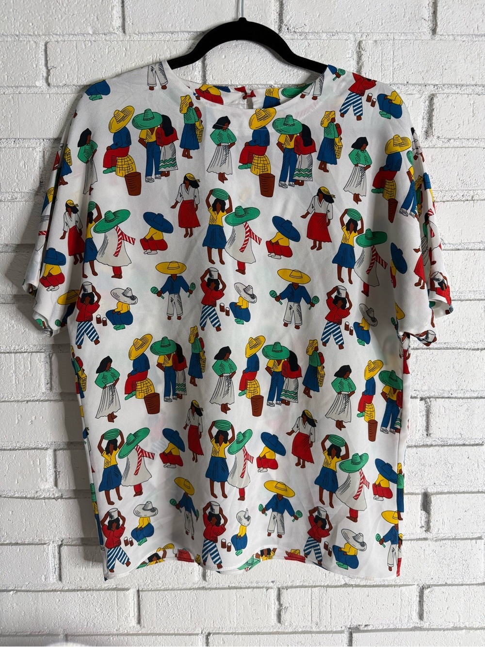 Vintage Stuart Lang USA Women’s Blouse Size 10 White Novelty Folk Print